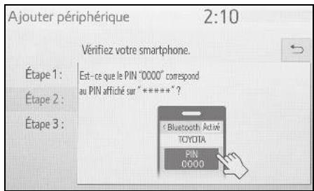Ajouter périphérique 2:10 Vérifiez votre smartphone. Étape 1: Est-ce que le PIN "0000" correspond Étape 2: au PIN affiché sur "*****?" Étape 3: < Bluetooth Active TOYOTA PIN 0000