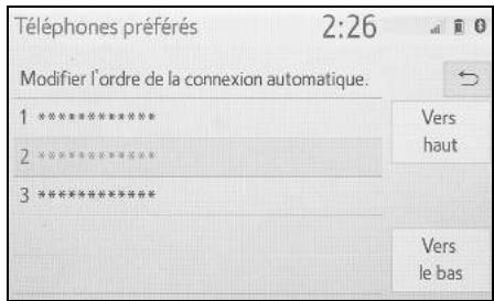 Téléphones préférés 2:26 Modifier l'ordre de la connexion automatique. 1 ************ 2 ************ 3 ************ Vers haut Vers le bas