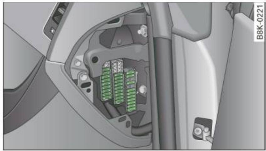 AUDI A4 (2010) - Emplacement des fusibles, Extrémité droite du tableau de bord - 1