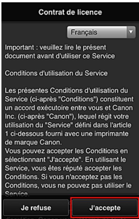 CANON PIXMA MG3650S - Lisez les conditions affichées dans les écrans Contrat de licence et Déclaration de confidentialité. Si vous êtes d'accord avec ces conditions, sélectionnez J'accepte. - 1
