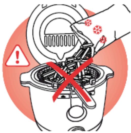Diagram illustrating a mechanical process with warning symbols and a red X mark indicating failure or rejection.