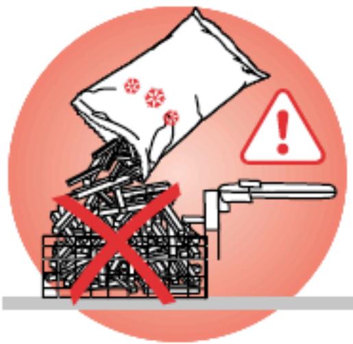 Warning symbol image showing a stack of broken documents with a warning sign and red X mark, indicating incorrect handling or disposal.