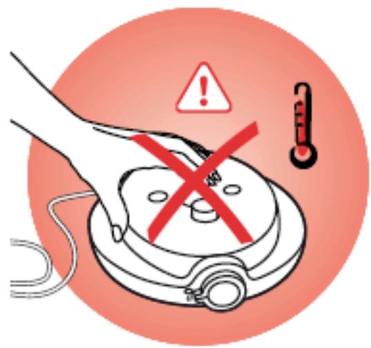 Safety warning illustration showing a hand using a device to mark temperature and warning symbols
