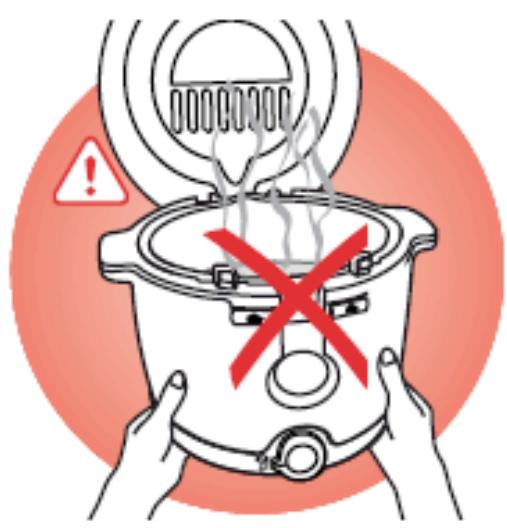 Illustration of a cooking pot with warning symbols and red X marks indicating heating conditions