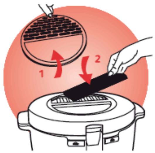 Illustration showing a cooking step with labeled arrows and a pan, indicating a process from raw material to processed food.