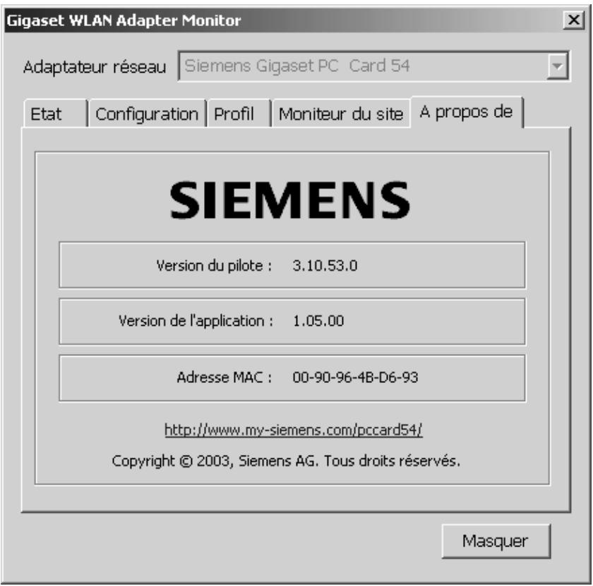 SIEMENS GIGASET PC CARD 54 - Le menu à propos de - 1