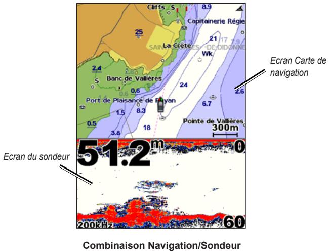 GARMIN GPSMAP 521/521S - Pour afficher un écran partagé carte/sondeur : - 1
