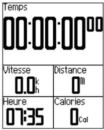 Temps 00:00:00° Vitesse Distance 0.0k h III Heure Calories 07:35 Col