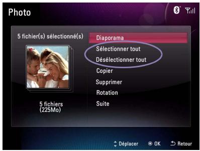 Photo 5 fichier(s) sélectionné(s) Diaporama Sélectionner tout Désélectionner tout Copier Supprimer Rotation Suite 5 fichiers (225Mo) Déplacer OK Retour