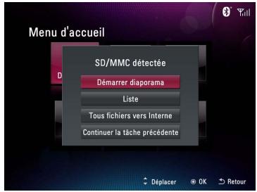 Menu d'accueil SD/MMC détectée Démarrer diaporama Liste Tous fichiers vers Interne Continuer la tâche précédente