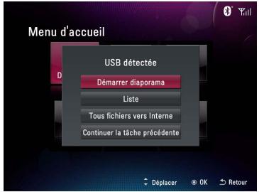 Menu d'accueil USB détectée Démarrer diorama Liste Tous fichiers vers Interne Continuer la tâche précédente