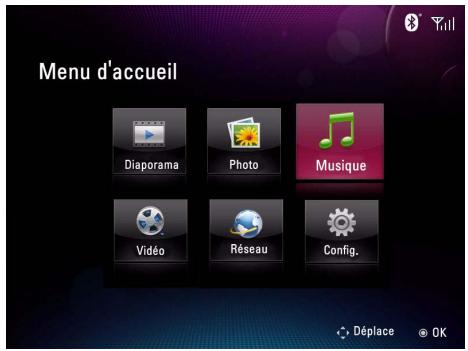 Menu d'accueil Diaporama Photo Musique Vidéo Réseau Config. Déplace © OK