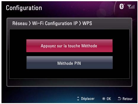 Configuration Réseau > Wi-Fi Configuration IP > WPS Appuyez sur la touche Méthode Méthode PIN Déplacer OK Retour