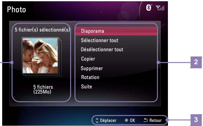Photo 5 fichier(s) sélectionné(s) 5 fichiers (225Mo) Diaporama Sélectionner tout Désélectionner tout Copier Supprimer Rotation Suite 2 3 Déplacer OK Retour