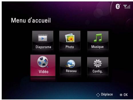 Menu d'accueil Diaporama Photo Musique Vidéo Réseau Config. Déplace OK