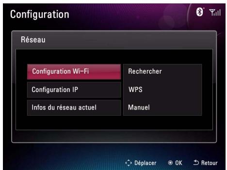 Configuration Réseau Configuration Wi-Fi Rechercher Configuration IP WPS Infos du réseau actuel Manuel