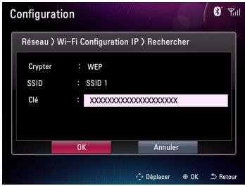Configuration Réseau > Wi-Fi Configuration IP > Rechercher Crypter : WEP SSID : SSID 1 Clé : xxxxxxxxxxxxxxxxxxxx OK Annuler Déplacer OK Retour