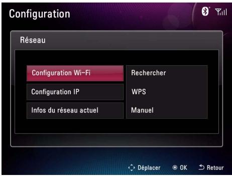 Configuration Réseau Configuration Wi-Fi Rechercher Configuration IP WPS Infos du réseau actuel Manuel