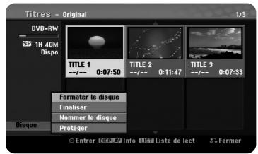 Titres - Original DVD-RW SP 1H 40M Dispo TITLE 1 --/-- 0:07:50 TITLE 2 --/-- 0:11:47 TITLE 3 --/-- 0:07:33 Formater le disque Finaliser Nommer le disque Disque Protéger © Entrer 📞iRiRiRi Into 📞iRiRi Liste de lect S-fermer
