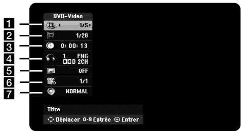 DVD-Video 1/5 1/28 0:00:13 1 ENG □□□ 2CH OFF 1/1 NORMAL Titre Déplacer 0-9 Entrée Entrer