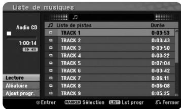 Liste de musiques Audio CD 1:00:14 Lecture Alétaire Ajout progr. Liste de pistes Durée TRACK 1 0:03:53 TRACK 2 0:03:43 TRACK 3 0:03:50 TRACK 4 0:03:22 TRACK 5 0:07:04 TRACK 6 0:03:42 TRACK 7 0:06:11 TRACK 8 0:06:08 TRACK 9 0:05:25 Enter MARKED Sélection LIST List progr → Former
