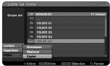 Liste de films Disque dur NONAME00 11 thèmes .. FOLDER 01 FOLDER 02 FOLDER 03 FOLDER 04 File 01 avl Lecture Renommer Supprimer Déplacer Copier Editor > Entrer DISPLAY Info MARKER Selection Former