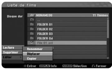 Liste de films Disque dur NONAME00 11 Thèmes ... FOLDER 01 FOLDER 02 FOLDER 03 FOLDER 04 File 01 avi Lecture Renommer Supprimer Déplacer Copier Étter Enter BUY Info MACKER Selection Former