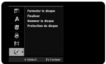 Formater le disque Finaliser Nommer le disque Protection du disque Select. >Fermer
