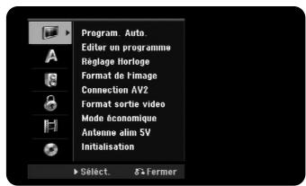 Program. Auto. Editor un programme Réglage Horloge Format de l'image Connection AV2 Format sortie video Mode Economique Antenne aim 5V Initisation Select. &+Farmer
