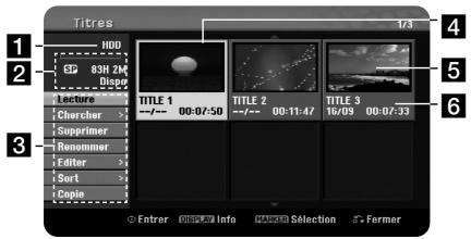 Titres 1/3 HDD ESP 83H 24K Disppo Lecture Chercher > Supprimer Renommer Editor > Sort > Copia TITLE 1 --/--- 00:07:50 TITLE 2 --/--- 00:11:47 TITLE 3 16/09 00:07:33 Enter Info Selection Former