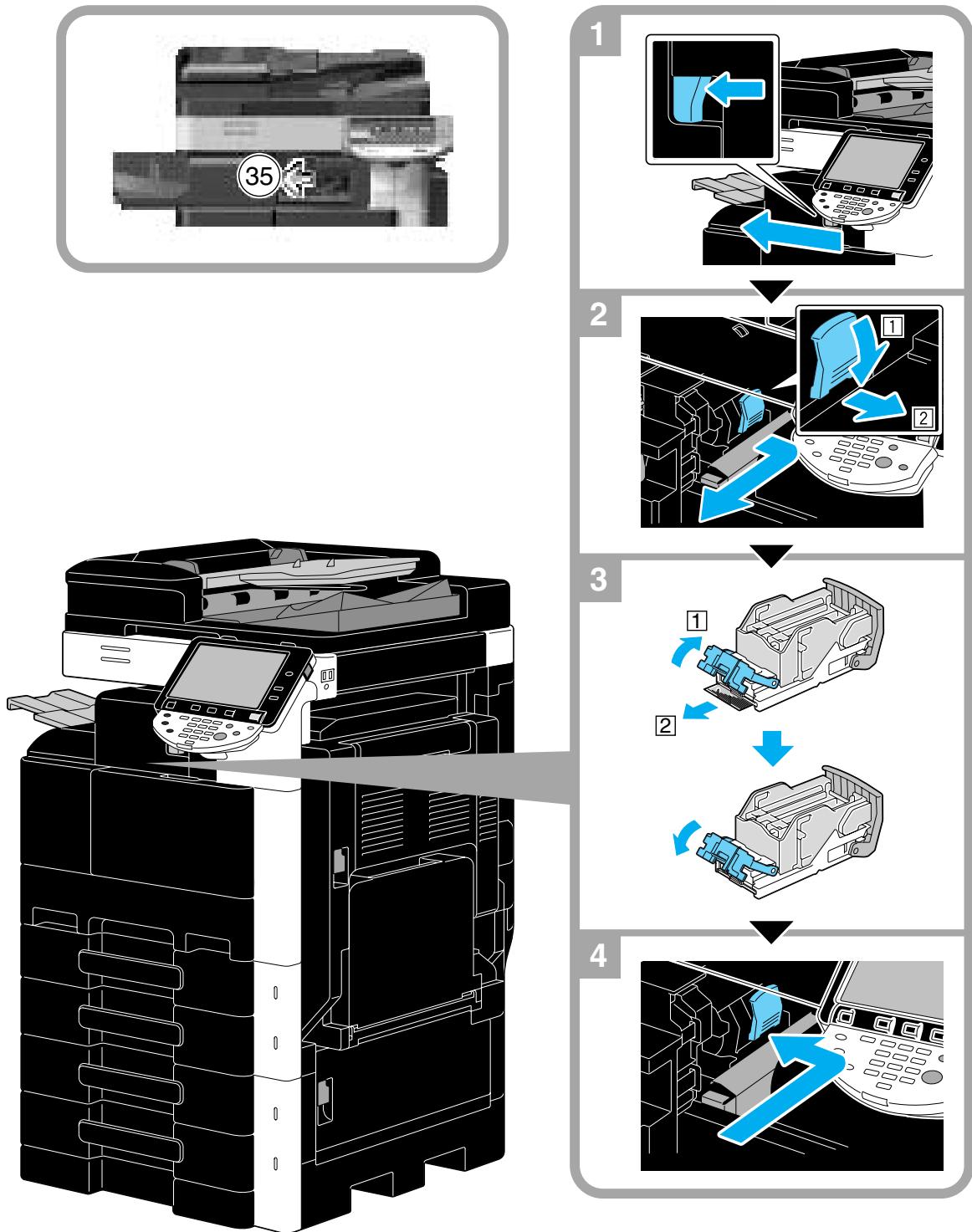 KONICA MINOLTA BUSINESS HUB 223 & BIZHUB 223 - Dégager les bourrages d'agrafes (module de finition fs-529) - 1