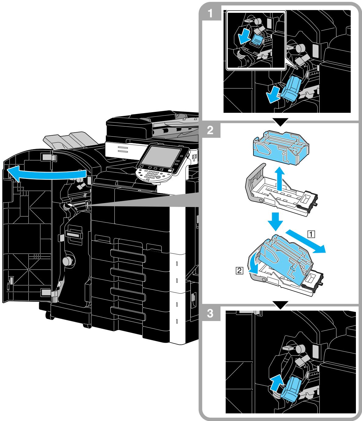 KONICA MINOLTA BUSINESS HUB 223 & BIZHUB 223 - Remplacer la cartouche d'agrafes (module de finition fs-527) - 1