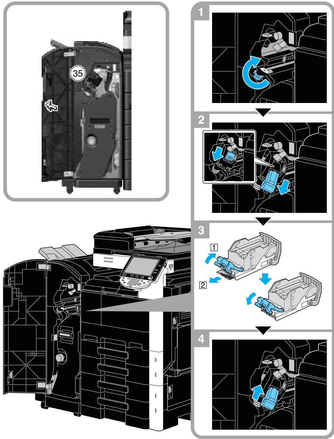 KONICA MINOLTA BUSINESS HUB 223 & BIZHUB 223 - Dégager les bourrages d'agrafes (module de finition fs-527) - 1