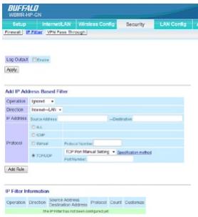 BUFFALO WBMR-HP-GN : AIRSTATION™ HIGHPOWER ADSL MODEM ROUTER - Paramètres du filtré IP - 1