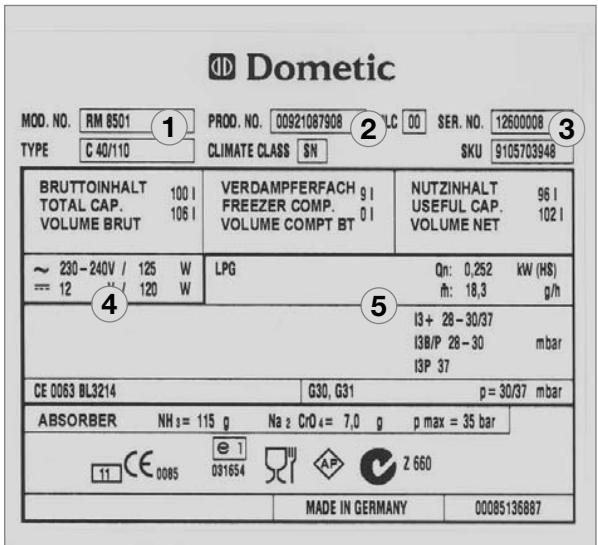 DOMETIC RM 8555 - Plaque signalétique du réfrigérateur - 1