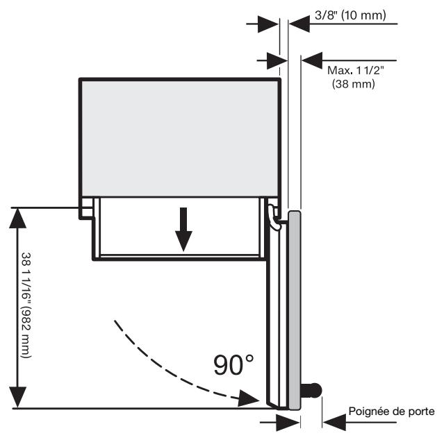 MIELE KF 2901 VI - Dimensions à l'ouverture de la porte (angle d'ouverture 90^ ) - 1