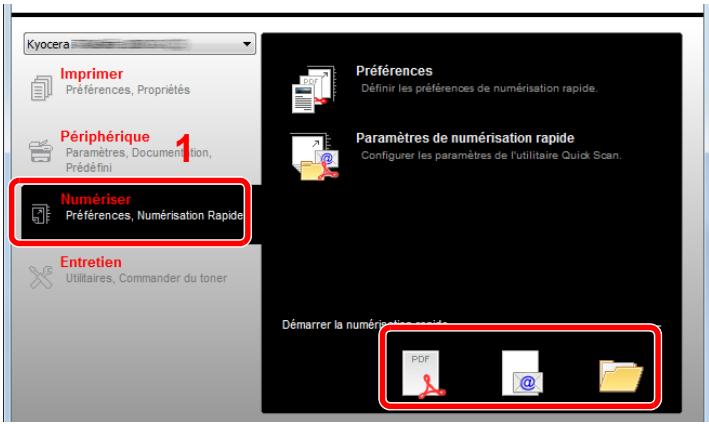 Kyocera Imprimer Préférences, Propriétés Périphérique Paramètres, Documentation, Prédéfini 1 Numériser Préférences, Numérisation Rapide Entretien Utilitaires, Commander du toner Préférences Définir les préférences de numérisation rapide. Paramètres de numérisation rapide Configurer les paramètres de l'utilitaire Quick Scan. Démarrer la numérisation rapide PDF @ @