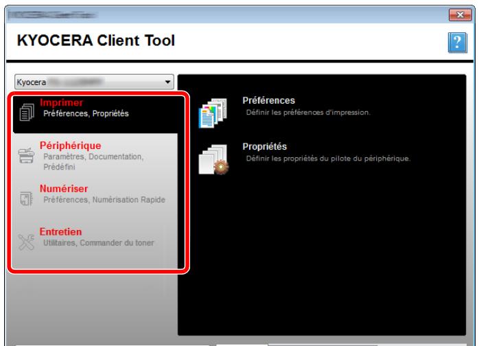 KYOCERA Client Tool Kyocera Imprimer Péférences, Propriétés Périphérique Paramètres, Documentation, Prédéfini Numériser Péférences, Numérisation Rapide Entretien Utilitaires, Commander du toner Préférences Définir les préférences d'impression. Propriétés Définir les propriétés du pilote du périphérique.