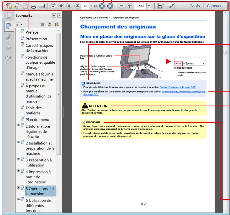 Bookmarks Préface Présentation Caractéristiques de la machine Fonctions de couleur et qualité d'image Manuels fournis avec la machine À propos du manuel d'utilisation (ce manuel) Table des matières Plan du menu 1 Informations légales et de sécurité 2 Installation et préparation de la machine 3 Préparation à l'utilisation 4 Impression à partir de l'ordinateur 5 Opérations sur la machine 6 Utilisation de différentes fonctions Opérations sur la machine > Chargement des originaux Chargement des originaux Mise en place des originaux sur la glace d'exposition Il est possible de placer des livres ou des magazines sur la glace en tant qu'originaux en plus des feuilles habituelles. Placer la face à numériser vers le bas. Aligner contre les plaques d'indication du format de l'original avec le d'un arrière gauche comme point de répère. A3 1 Sph3 1 Format de l'original * Lors de la sélection de la fonction copie REMARQUE • Pour plus de détails sur le format des originaux, se reporter à la section Format d'originaux à la page 5-20. • Pour plus de détails sur l'orientation des originaux, se reporter à la section Orientation orig. (orientation de l'original) à la page 5-21. ATTENTION Afin d'éviter tout risque de blessure, ne pas laisser le capot des originaux en option ou le chargeur de document ouverts. IMPORTANT • Ne pas forcer sur le capot des originaux en option ni sur le chargeur de document lors de la fermeture. Une pression excessive risquerait de briser la glace d'exposition. • Lors du placement de livres ou de magazines sur la machine, relever le capot des originaux en option chargeur de document en position ouverte. 5-2