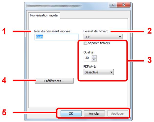 Numérisation rapide Nom du document imprimé: Scan Format de fichier: PDF Séparer fichiers Qualité: 30 PDF/A-1: Désactivé Préférences... OK Annuler Appliquer