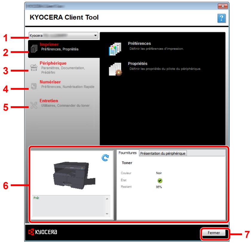 KYOCERA Client Tool 1 Kyocera Imprimer Préférences, Propriétés Périphérique Paramètres, Documentation, Prédéfini Numériser Préférences, Numérisation Rapide Entretien Utilitaires, Commander du toner 2 Préférences Définir les préférences d'impression. Propriétés Définir les propriétés du pilote du périphérique. 6 Prêt Fournitures Présentation du périphérique Toner Couleur Noir État 95% Restant KYOCERA Fermer