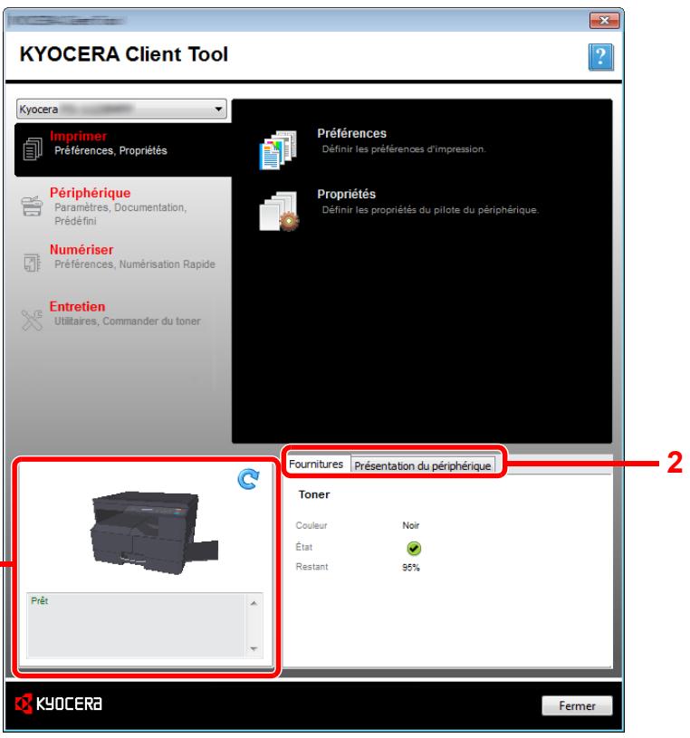 KYOCERA Client Tool Kyocera Imprimer Préférences, Propriétés Périphérique Paramètres, Documentation, Prédéfini Numériser Préférences, Numérisation Rapide Entretien Utilitaires, Commander du toner Prêt Préférences Définir les préférences d'impression. Propriétés Définir les propriétés du pilote du périphérique. Fournitures Présentation du périphérique Toner Couleur Noir État 95% Restant KYOCERA Fermer
