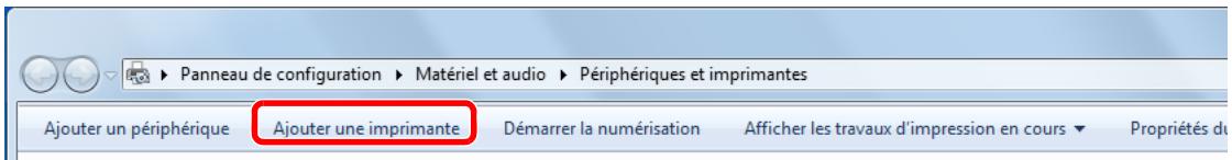Panneau de configuration ▶ Matériel et audio ▶ Périphériques et imprimantes Ajouter un périphérique Ajouter une imprimante Démarrer la numérisation Afficher les travaux d'impression en cours Propriétés du