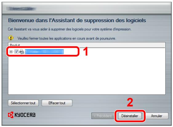 Bienvenue dans l'Assistant de suppression des logiciels Cet Assistant va vous aider à supprimer des logiciels pour votre système d'impression. Veuillez fermer toutes les applications en cours avant de poursuivre. Produit 1 2 Sélectionner tout Effacer tout Précédent Désinstaller Annuler KYOCERA