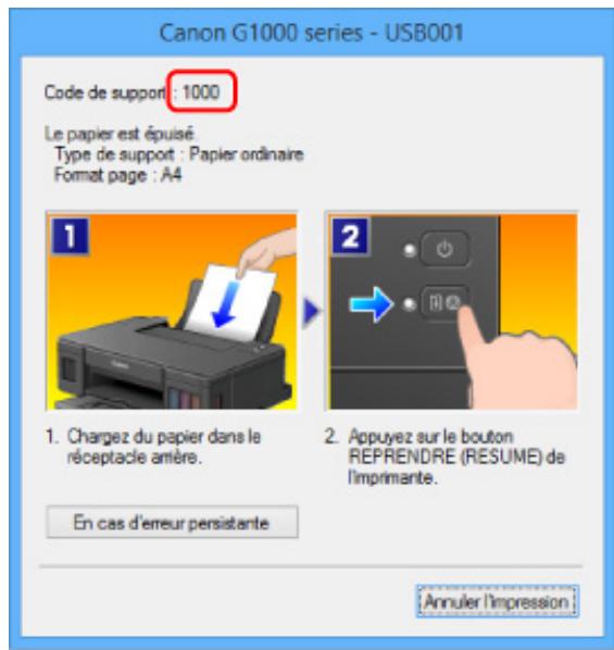 CANON G1520 - Lorsqu'un code support et un message s'affichent à l'écran : - 1