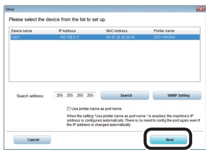 OKI PRO9542DN - La recherche de l'imprimante commence. Quand l'imprimante est détectée, sélectionner l'appareil sur la table. Cliquer [Suivant (Next)] pour démarrer l'installation. - 1