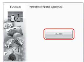 CANON MP140 - the Installation completed successfully screens, click Restart. - 1
