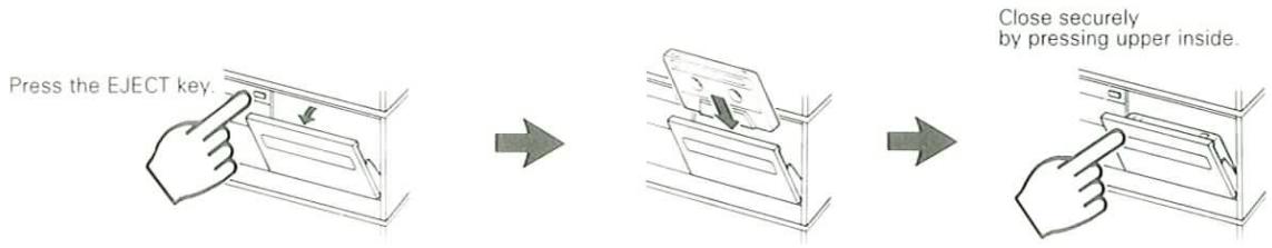 Press the EJECT key. Close securely by pressing upper inside.