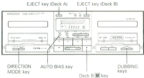 EJECT key (Deck A) EJECT key (Deck B) DIRECTION MODE key AUTO BIAS key Deck B □ key DUBBING keys