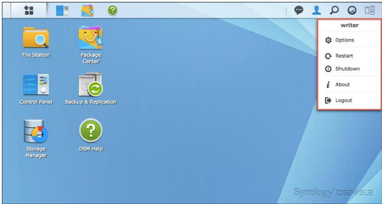 SYNOLOGY NAS DS1815 - Arrêt, redémarrage, déconnexion ou gestion des options personnelles - 1